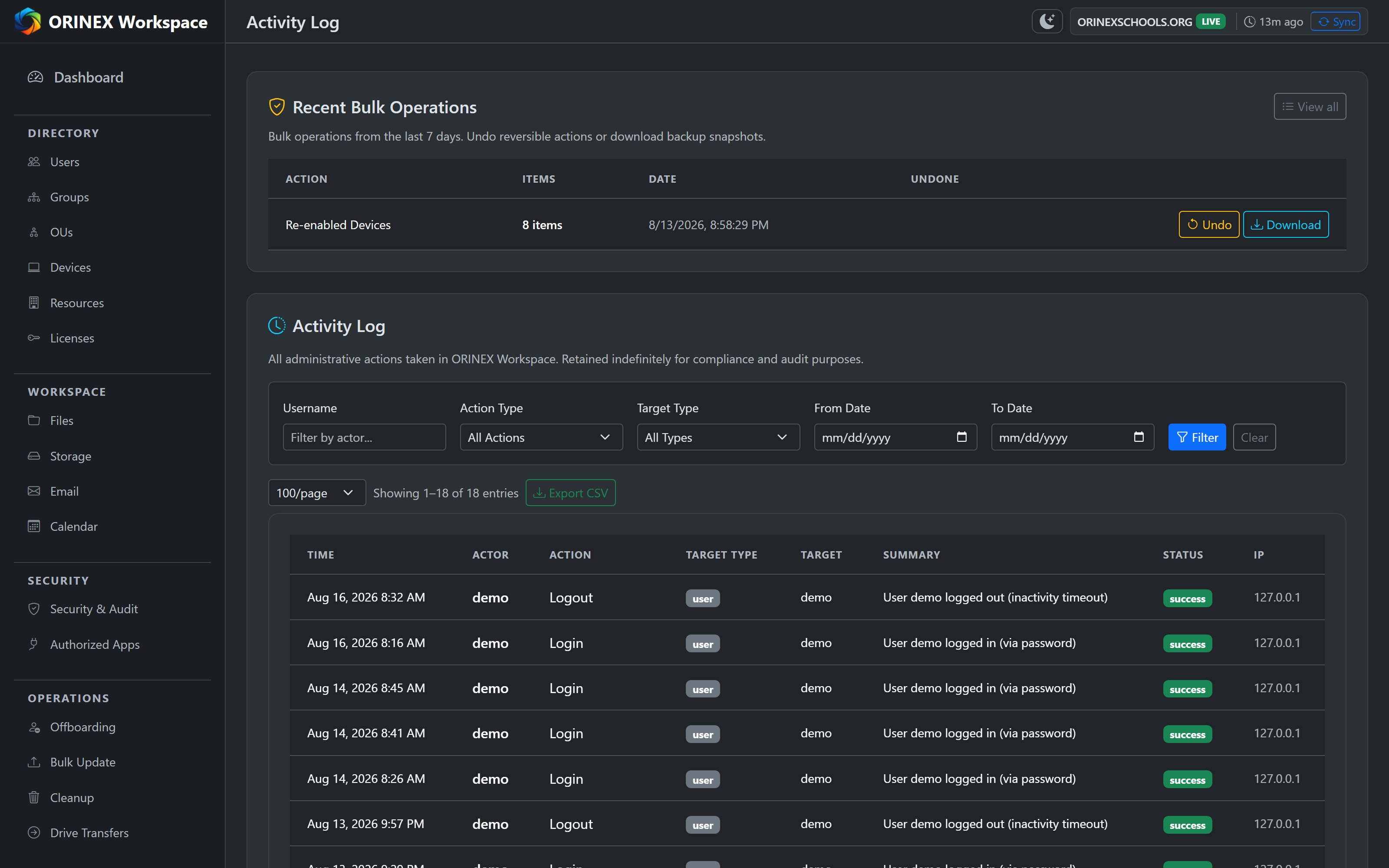 ORINEX admin activity log — a complete, exportable record of actions performed through ORINEX